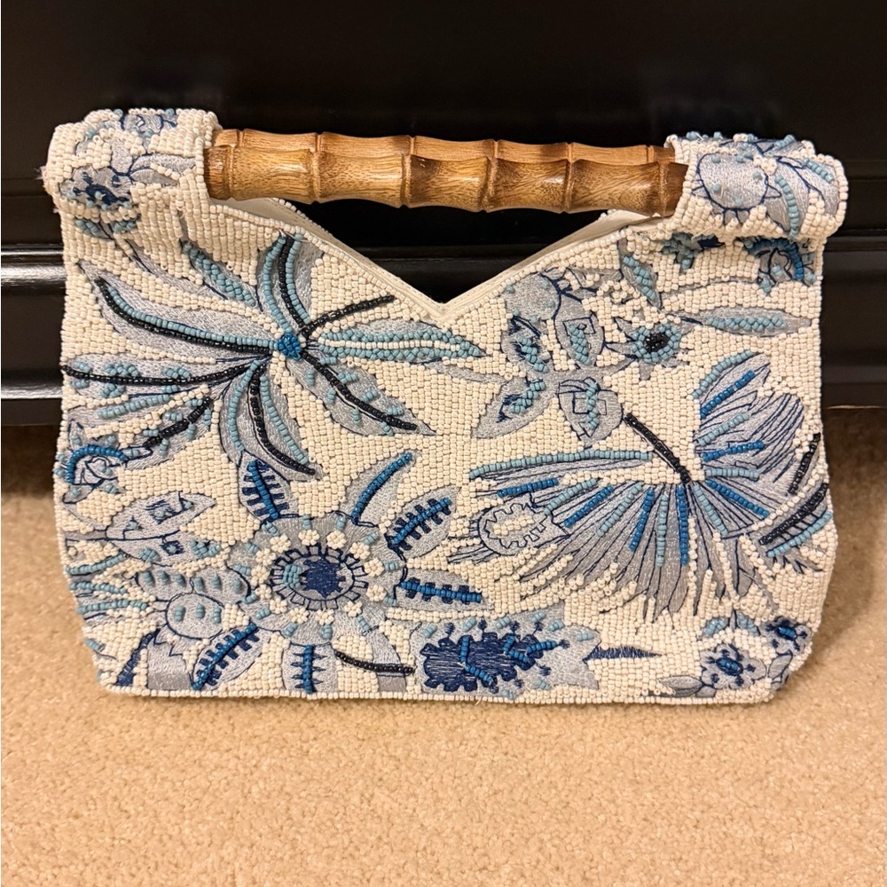 Viral Embroidered Beaded Clutch Handbag with Bamboo Handle